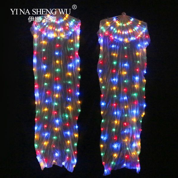 

1 pc / 1 pair belly dance led silk fans 180x90cm stage performance props shining rainbow led dance fans, Black;red
