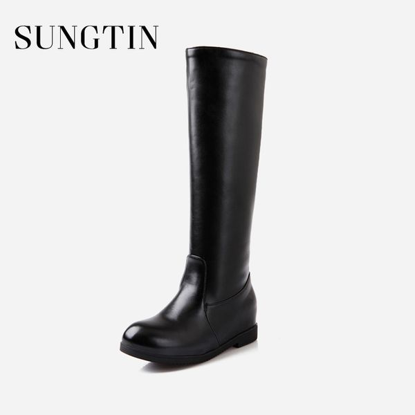

sungtin soft pu comfortable knee high boots women casual flat long riding boots ladies winter plush warm snow plus size, Black
