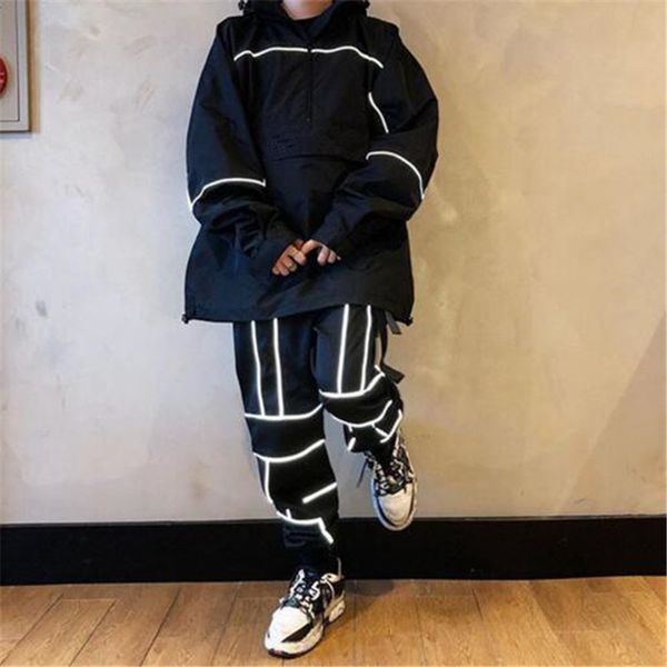 

2021 new back reflective leg pants thigh beam couple street night pants fashion sports loose hop lights hip men's trousers rdjfi, Black
