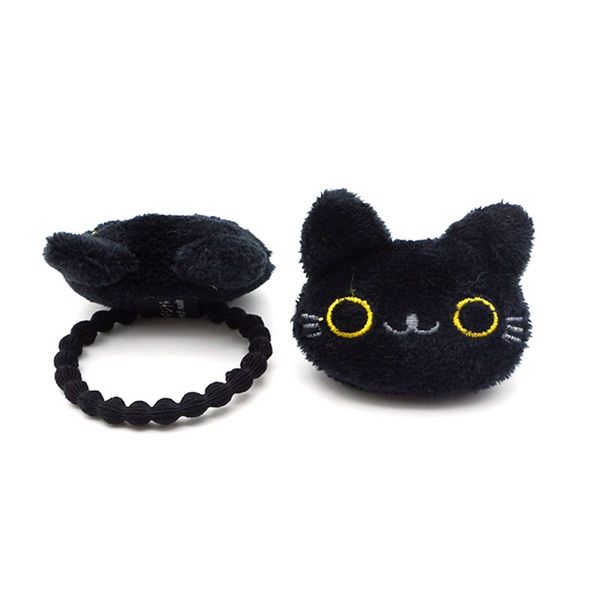 

women women student lovely 3d mini cartoon black meow cat doll decor hair clip brooch embroidered rope ponytail holder plush toy, Slivery;white
