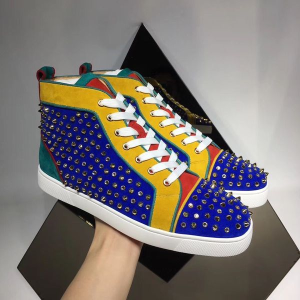 

luxurious brand suede leather man trainers high red bottom sneaker flats for men,women casual walking spikes & strass party wedding, Black