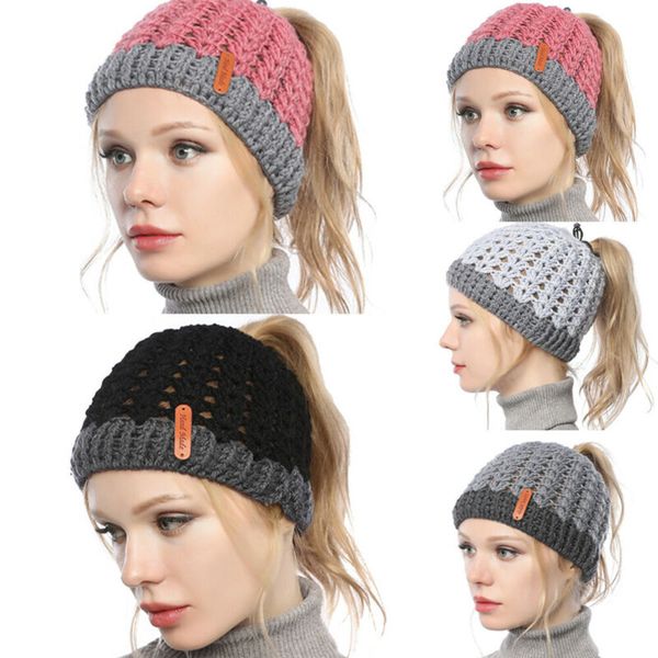 

женщины beanie high bun winter warm pony tail beanie hat cap велоспорт, Black
