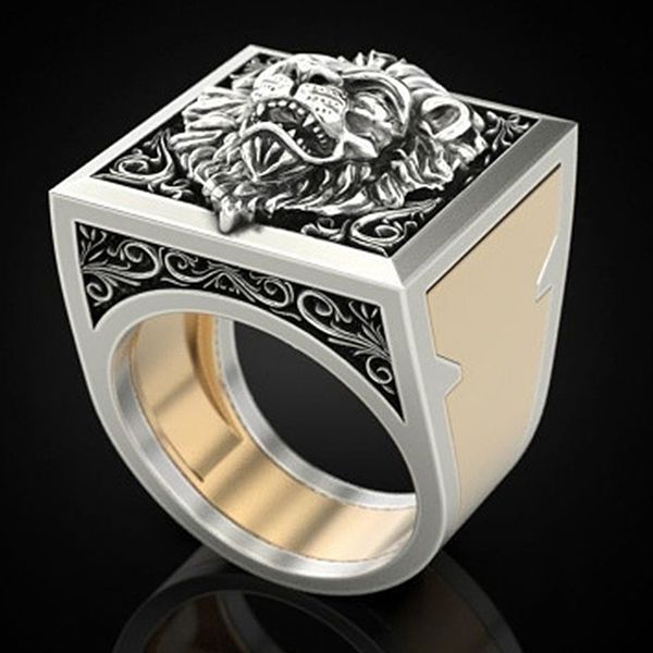 

vintage style lion two tone 925 silver rings for men hip hop party ring gifts, size 7/8/9/10/11/12/13, Golden;silver