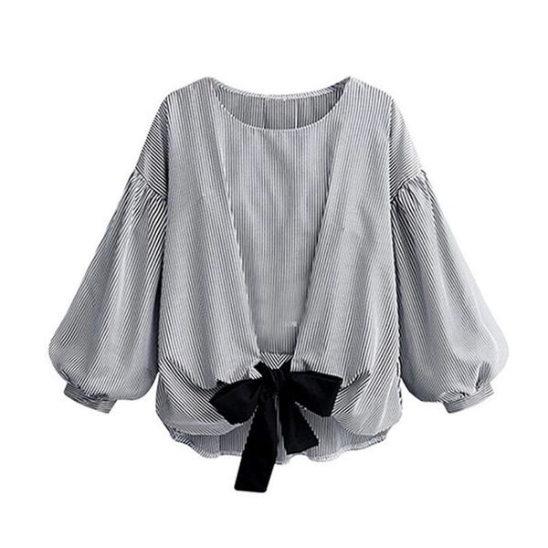 

women striped blouse fashion lantern sleeve shirts o-neck blouse women rk, White