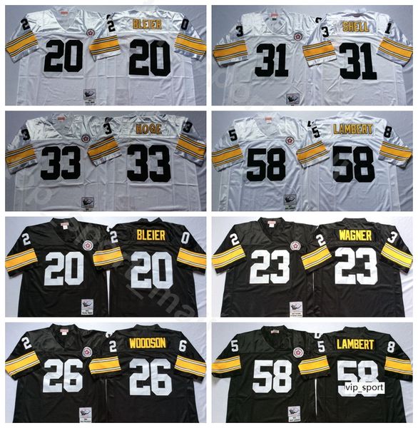 

ncaa football 58 jack lambert 31 donnie shell jerseys 26 rod woodson 23 mike wagner 33 merril hoge 20 rocky bleier man vintage black white, Black;red