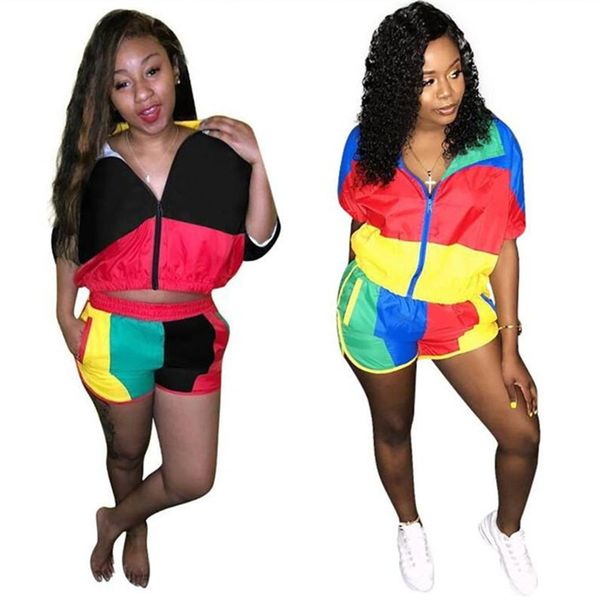 

summer women tracksuit short sleeve zipper t shirt + shorts 2pcs set patchwork t-shirt outfits sun-proof sportswears suit clothes 3xl, White
