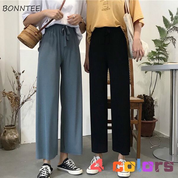 

повседневные брюки женщины vintage summer ulzzang soft досуг опрятный drawstring wide leg pant элегантная мода леди высокой талией брюки, Black;white