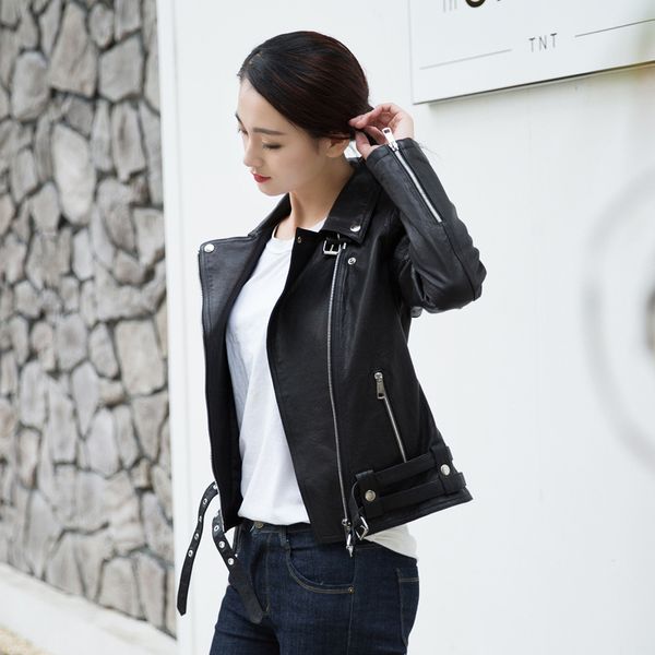 

spring station vegetable locomotive really leather skin loose coat, Black