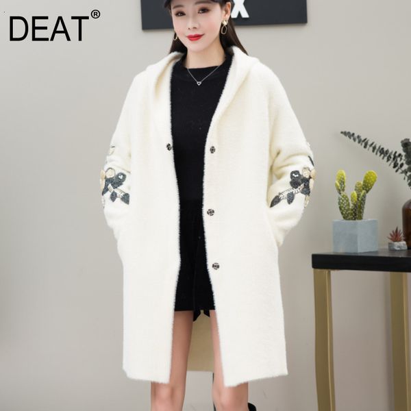 

deat] 2019 new autumn pattern trend long water velvet embroidery knitted solid color cardigan hood female woolen coat at265, Black