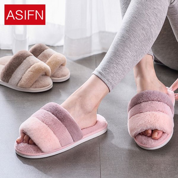 

asifn new warm non-slip plush cotton slippers autumn and winter women's fur tow striped indoor thick-soled winter cotton shoes, Black