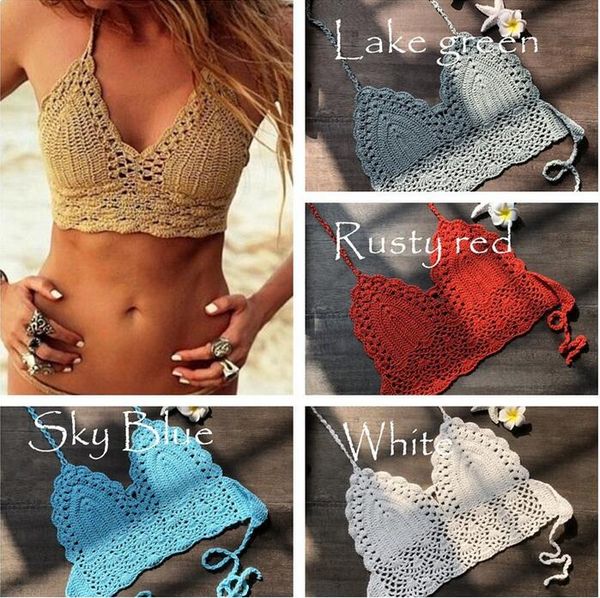 

2018 cotton hand hook knit crochet bikini breast wrapped ladies bikiny spring halter split swimsuit solid color