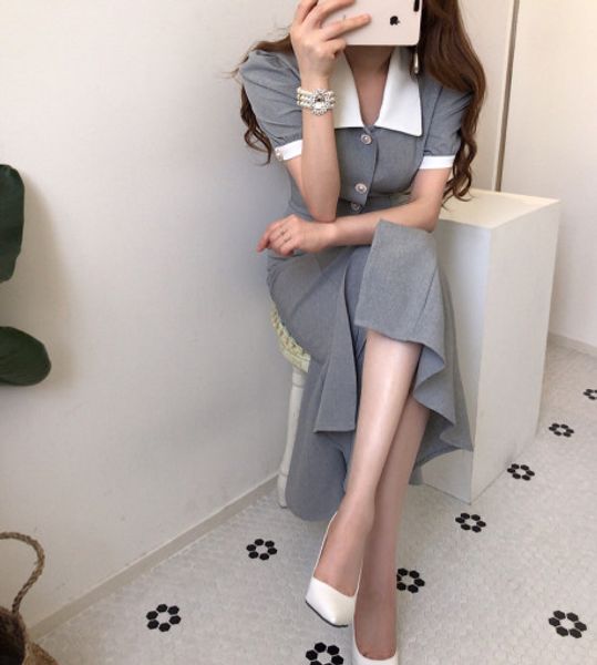 

chic women vintage sashes gray mermaid party dress summer short puff sleeve solid elegant french style new dress ka828, Black;gray