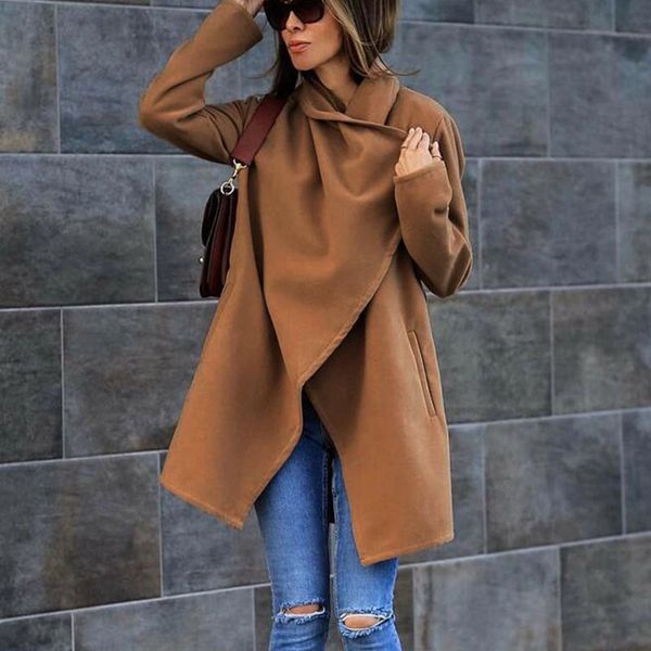 

womens woolen coat jacket with pockets solid color casual loose coat -mx8, Black