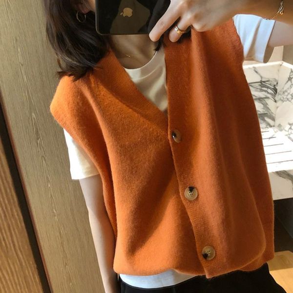 

orange single button v neck knitted vest loose outwear for spring, Black;white