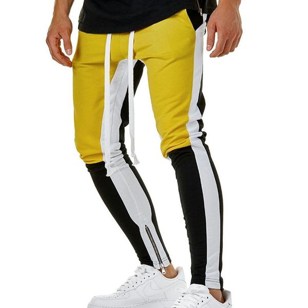 

4 colors zipped ankle track pants waist banding panelled side stripe zip pockets color contrast retro trousers joggers pants, Black