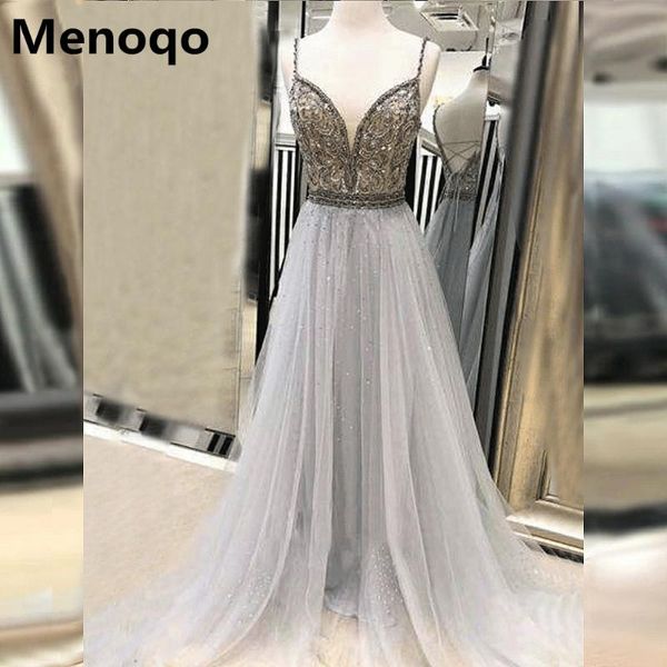 

party dresses tulle vestido de noiva beading spaghetti straps backless evening dress v neck prom floor length, White;black