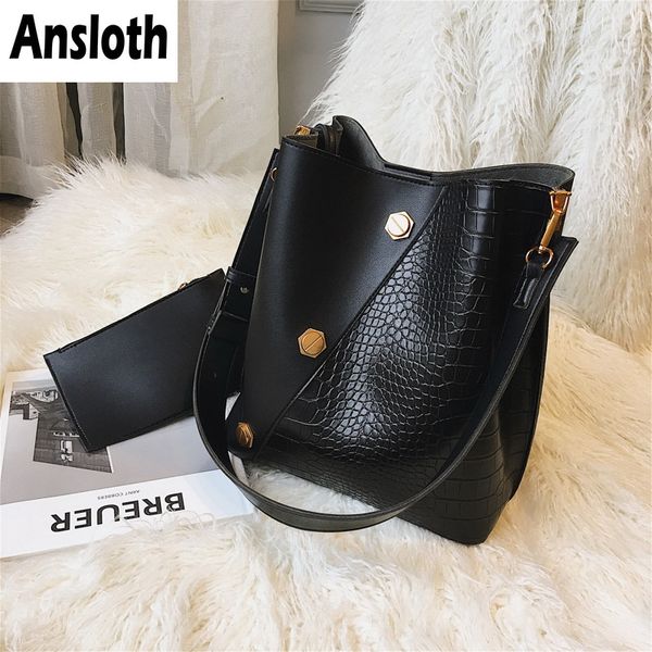 

ansloth panelled handbag women scrub shoulder bag lady rivet crossbody bag crocodile bucket female handbag and purse hps770