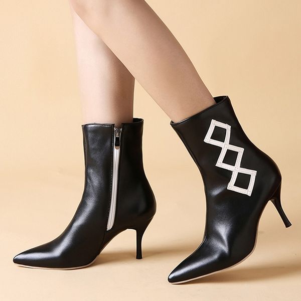 

boots women winter shoes fashion new women thin heels zipper solid color short booties pointed toe shoes mujer casual zapatos, Black