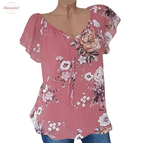 

summer womens floral print t shirt ladies lace up v neck loose tee t shirt v neck short flare sleeve, White