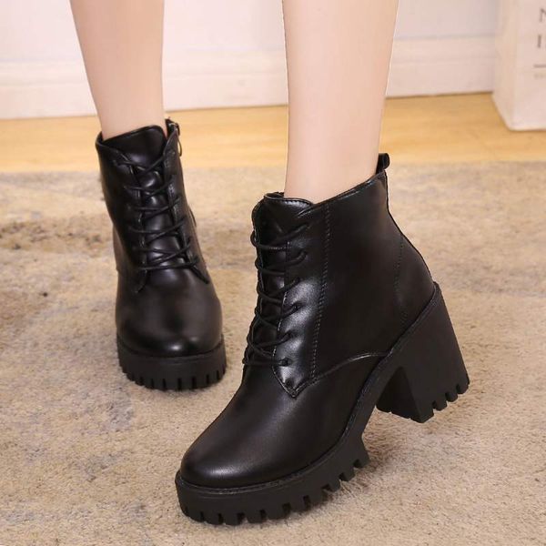 

lzj women ankle boots square high heel boots for woman fashion zip black autumn winter womens lace up platform shoes 2019