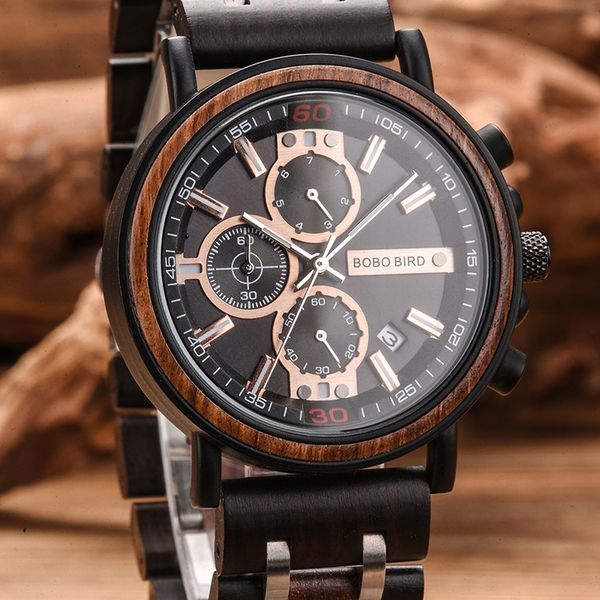 

watch men montre bobo bird wood watch men chronograph watches luxury stylish dropshipping with wooden box reloj hombre, Slivery;brown