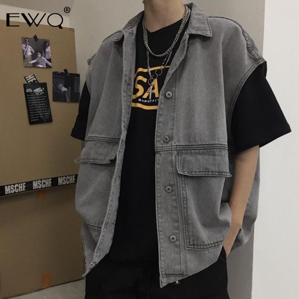 

ewq / autumn winter 2019 sleeveless turn-down collar pockets open stitch loose vest man's vintage style personality coat fs986, Black;brown
