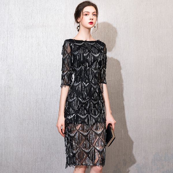 

weiyin 2019 black o-neck half sleeves evening dress straight sequin elegant women's dress formal party prom, White;black