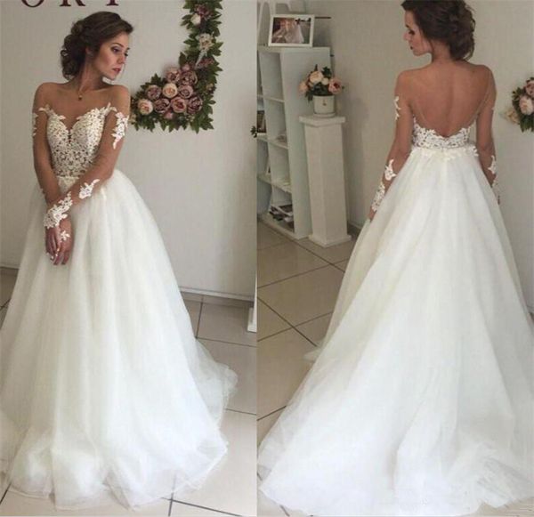 Discount Sheer Long Sleeves Lace Wedding Dresses 2019 A Line