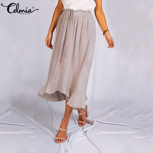 

fashion ins women skirts celmia asymmetrical ruffles loose casual skirts summer solid office party elastic waist skirt femininas, Black
