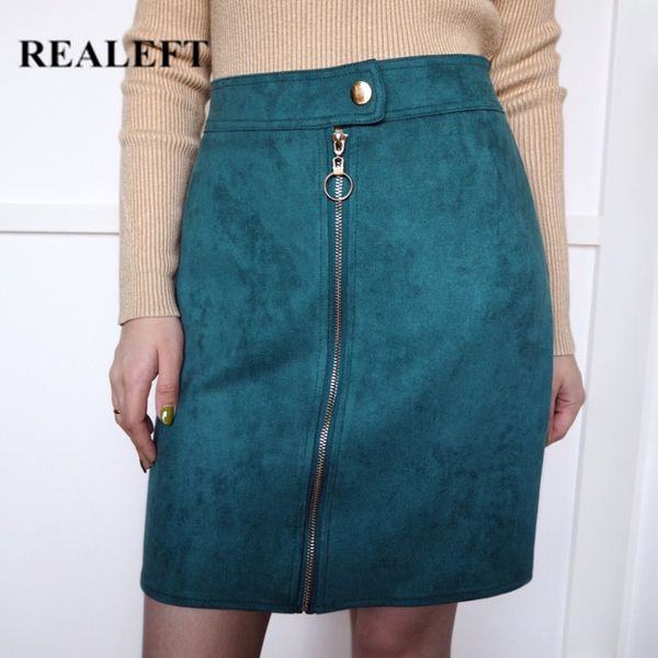 

realeft autumn winter new arrival women suede elegant pencil mini skirts high waist empire harajuku sheath wrap skirts lady, Black