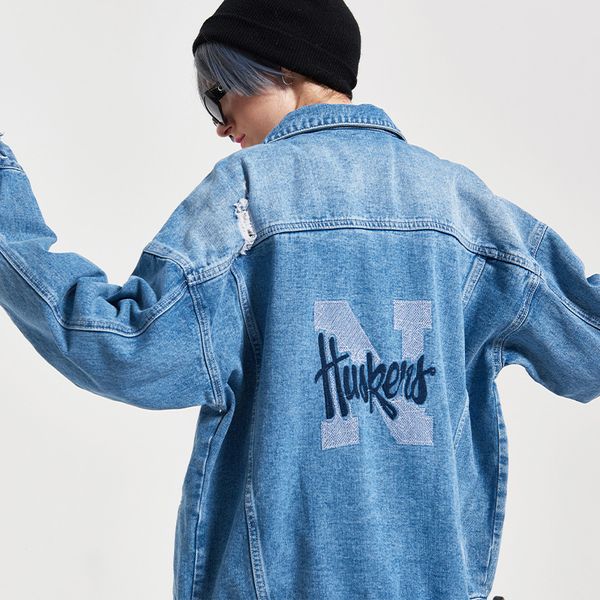 

hong kong style american-style washing trend denim jacket men and women street loose and plus-sized embroidered workwear coat on, Black;brown