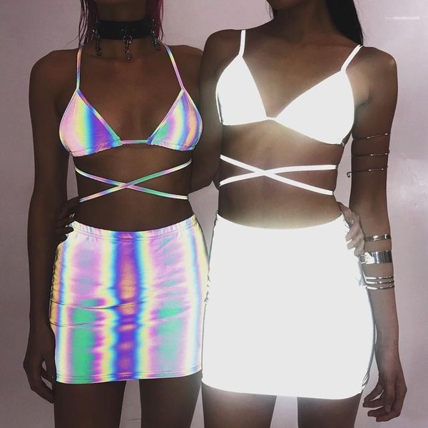 

skirts 2pcs clothing set hiphop evening club dressing suits women silver suits summer 3m reflective designer bras, Gray