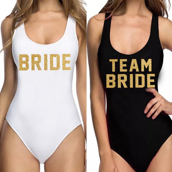 

solid swimwears women one piece swimsuit team bride glitter gold front&back print bodysuit bachelor party bikini, White;black