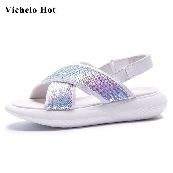 

vichelo summer leisure shoes peep toe med heel bling shiny korean street pretty girls cool classic sandals women l12, Black