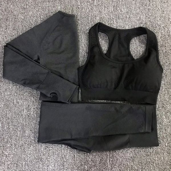

3pcs vital seamless yoga set women workout clothes vital bra long sleeve leggings fitness gym set women womans sport wear, White;red
