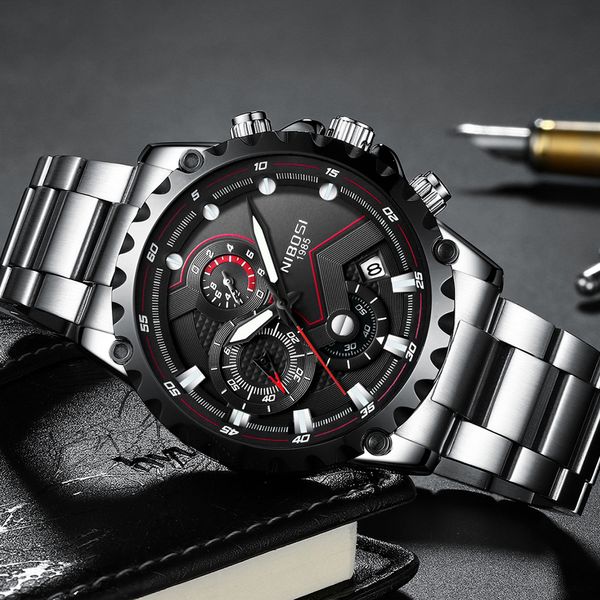 Relogio nibosi masculino relógio de pulso masculino marca superior luxo esporte cronógrafo militar aço inoxidável wacth masculino relógio azul agradável