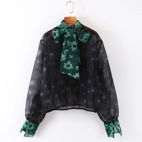 

vintage transparent dot printed blouses women fashion casual bow tie elegant ladies long sleeve tees, White