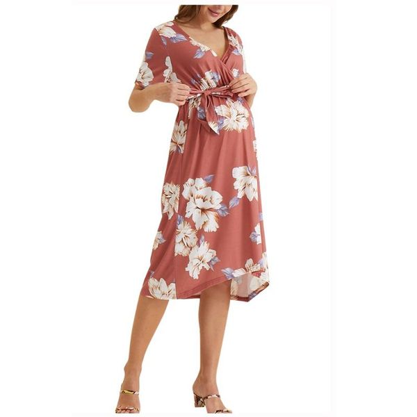 

women's maternity pregnancy dresses short sleeve v-neck floral print nursing dress with belt dresses pregnancy clothes 0528, White