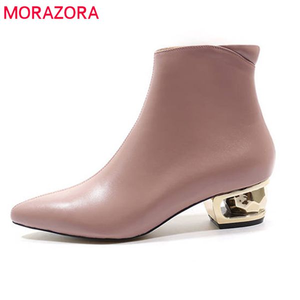 

morazora 2020 new arrival genuine leather ankle boots for women pointed toe autumn winter boots solid color dress shoes woman, Black