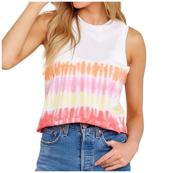 

women's summer tie-dye tanks mix-color o-neck digital gradient printed sleeveless vest 2020 summer plus size female, White
