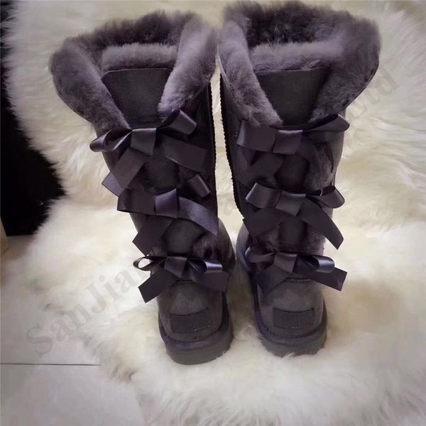 

ug brand knee high snow boots with three bows women men winter genuine cowhide leather tall snow boot girls australia classic shoes c102401, Black;grey