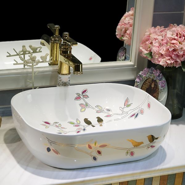 estilo de Europa navio lavatório chinese afunda Jingdezhen Art Contador Top cerâmica pia de porcelana bacia banheiro pássaro oval