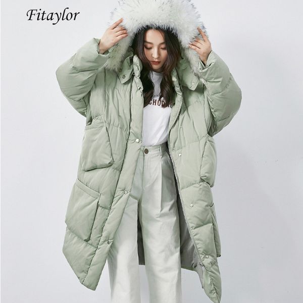 

fitaylor winter women large real fox fur collar hooded white duck down parkas big pocket removable hat long jacket loose outwear, Black