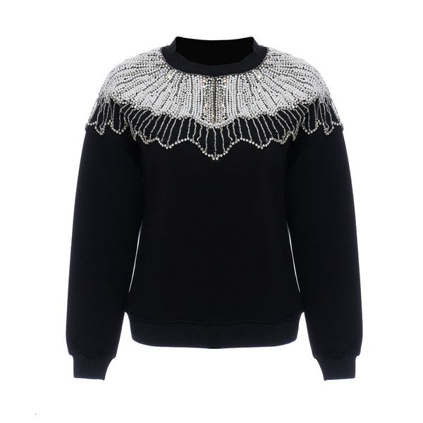 

seebeautiful new fashion 2019 autumn winter manual nail pearl rhinestone round neck long sleeve loose sweatshirt women n934, Black