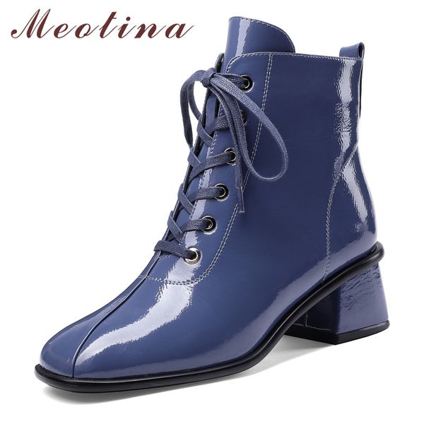 

meotina winter ankle boots women natural genuine leather thick heels short boots lace up square toe shoes ladies blue size 34-39, Black