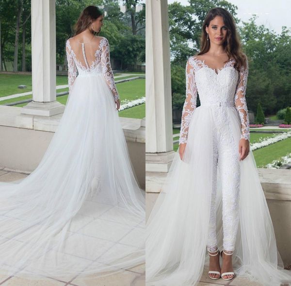 

2020 modest jumpsuit wedding dresses sweep train overskirt v neck long sleeves illusion lace applique wedding bridal gown vestido de novia, White