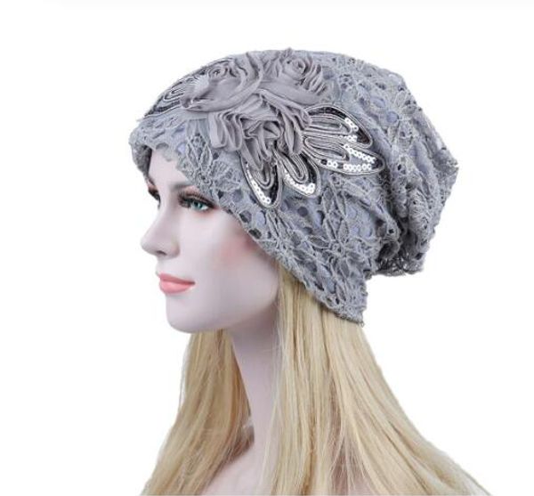 

women lace flower slouchy baggy head cap chemo beanie cancer hat turban ms. lace month warm chemotherapy hat cappello donna gb1331, Blue;gray