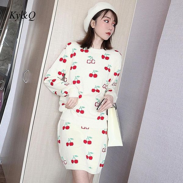 

brand design sweet 2020 spring women new pullover fashion cherry embroidery jacquard knitted o-neck sweater casual clothes, White;black
