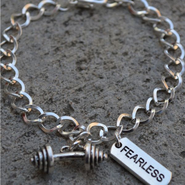 

antique silver dumbbell barbell fearless letter tag bracelet bangle creative designer bracelet couple jewelry sport style fitness gifts, Golden;silver