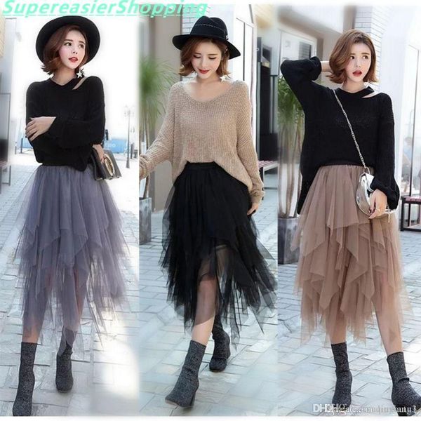 

3 colors women tulle tutu skirt ball gown long pleated skirts women mid-calf summer party asymmetric midi skirt size bq7219, Black